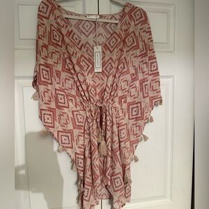 Boho V-Neck Tassel Tie Waist Top - Pink Geo Print